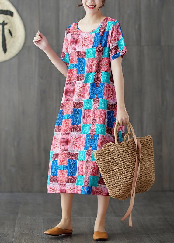 Modern Blue Prints Cotton Linen Clothes for Short Sleeve Wild Long Summer Dresses