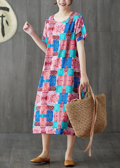Modern Blue Prints Cotton Linen Clothes for Short Sleeve Wild Long Summer Dresses