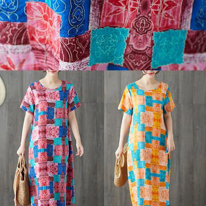 Modern Blue Prints Cotton Linen Clothes for Short Sleeve Wild Long Summer Dresses