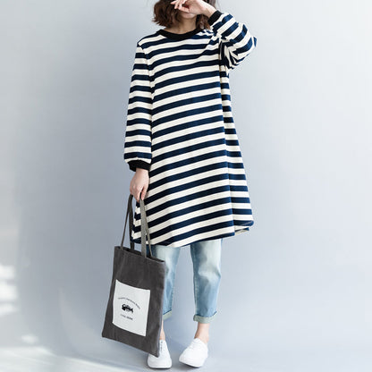 Modern Blue White Striped Cotton Clothes for Korea Dresses Spring O Neck Dresses