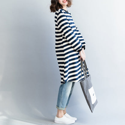 Modern Blue White Striped Cotton Clothes for Korea Dresses Spring O Neck Dresses
