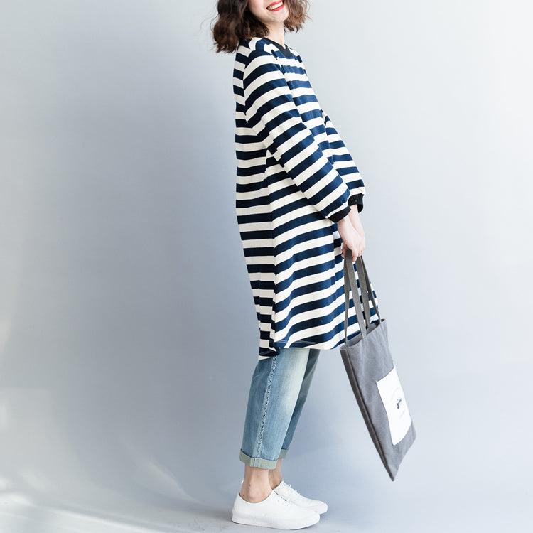 Modern Blue White Striped Cotton Clothes for Korea Dresses Spring O Neck Dresses