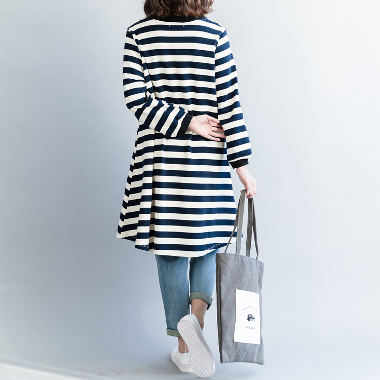 Modern Blue White Striped Cotton Clothes for Korea Dresses Spring O Neck Dresses