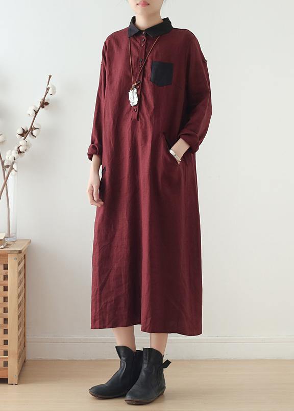 Modern Burgundy Linen Wardrobes Lapel Pockets Maxi Fall Dresses