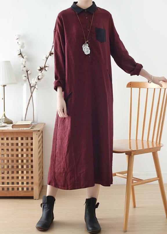 Modern Burgundy Linen Wardrobes Lapel Pockets Maxi Fall Dresses