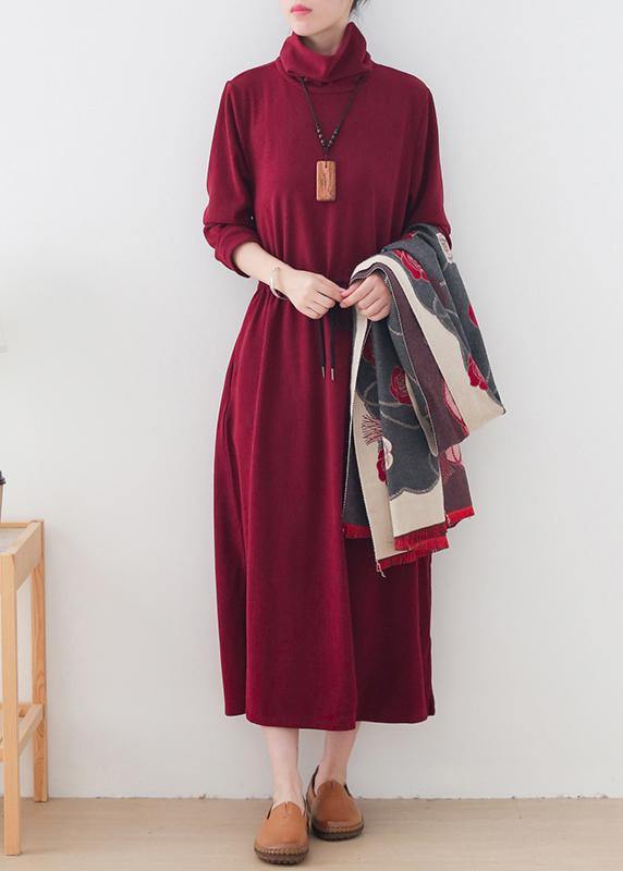 Modern Burgundy Quilting Clothes High Neck Drawstring Robes Dresses