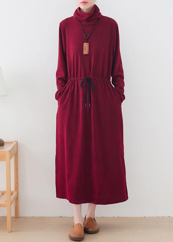 Modern Burgundy Quilting Clothes High Neck Drawstring Robes Dresses