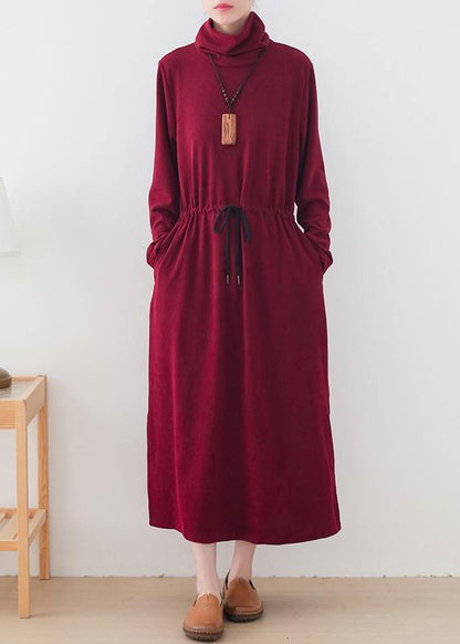 Modern Burgundy Quilting Clothes High Neck Drawstring Robes Dresses