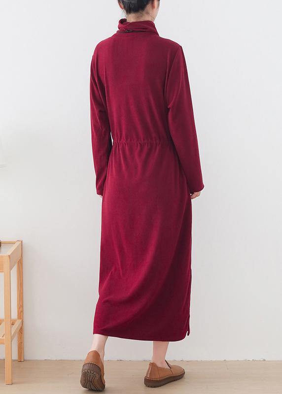 Modern Burgundy Quilting Clothes High Neck Drawstring Robes Dresses
