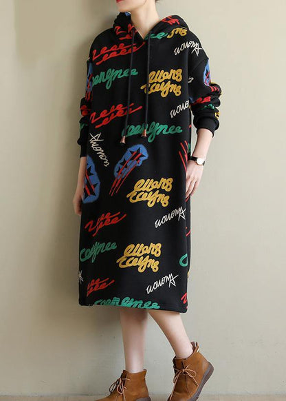 Modern Cotton Hooded Tunics Shirts Black Print Art Dresses