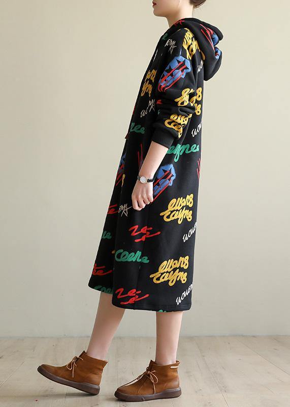 Modern Cotton Hooded Tunics Shirts Black Print Art Dresses
