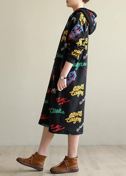 Modern Cotton Hooded Tunics Shirts Black Print Art Dresses