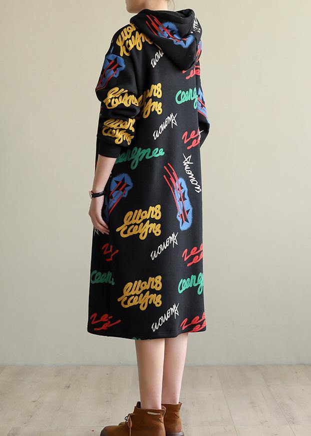 Modern Cotton Hooded Tunics Shirts Black Print Art Dresses