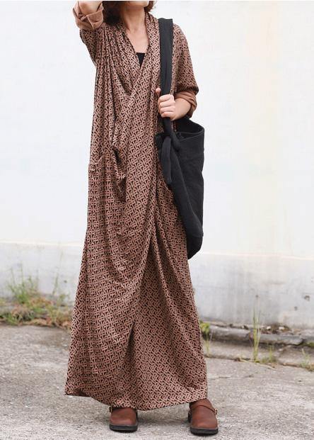 Modern Chocolate Print Dresses Asymmetric V Neck Dress