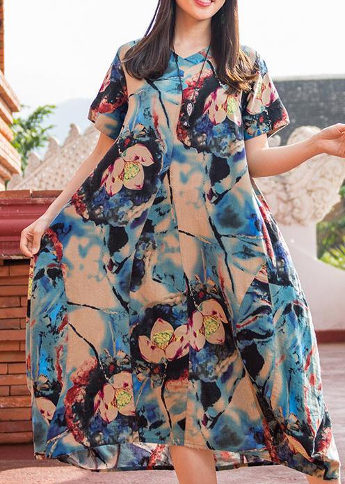 Modern Dark Blue Print V Neck Asymmetric Cotton Robes Summer Dresses