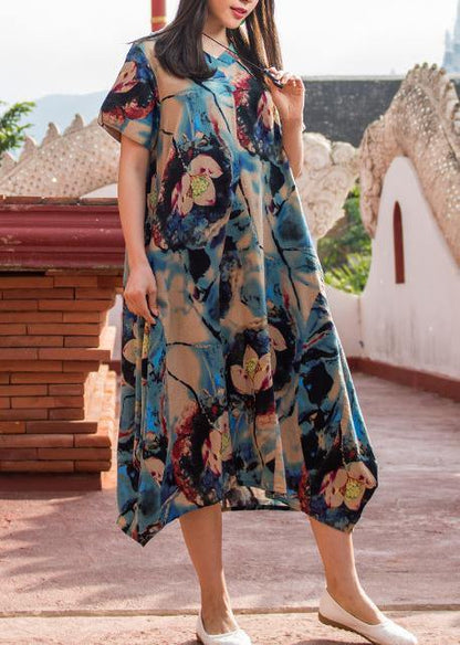 Modern Dark Blue Print V Neck Asymmetric Cotton Robes Summer Dresses