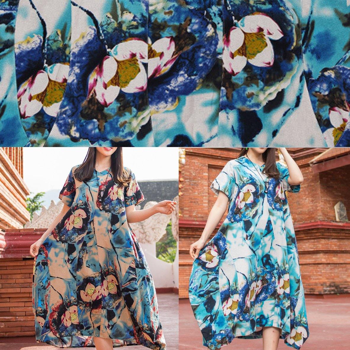 Modern Dark Blue Print V Neck Asymmetric Cotton Robes Summer Dresses