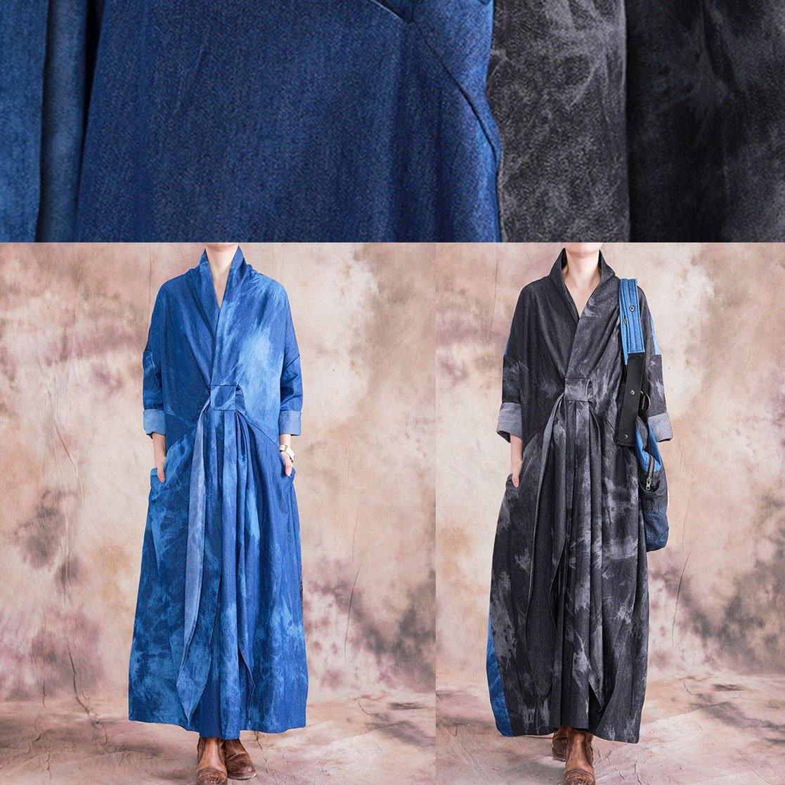 Modern Denim Black Cotton Dress V Neck Patchwork Loose Fall Dress