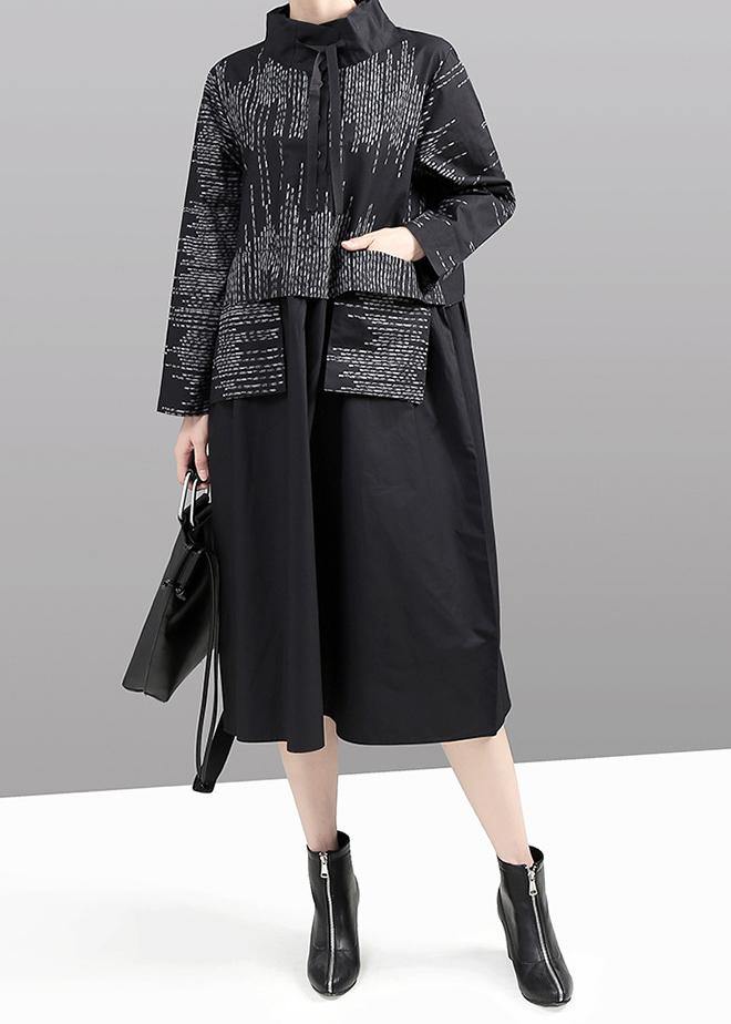 Modern False Two Pieces Cotton Patchwork Quilting Dresses Shirts Gray Prints Dress