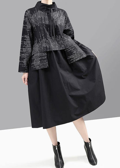 Modern False Two Pieces Cotton Patchwork Quilting Dresses Shirts Gray Prints Dress