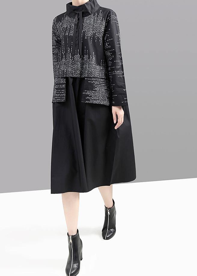Modern False Two Pieces Cotton Patchwork Quilting Dresses Shirts Gray Prints Dress