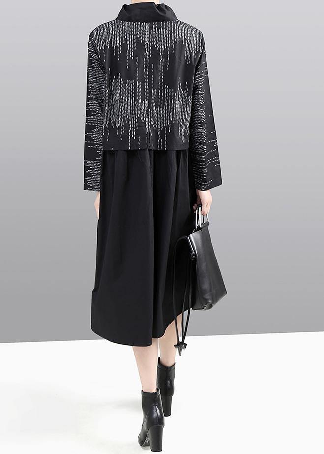Modern False Two Pieces Cotton Patchwork Quilting Dresses Shirts Gray Prints Dress