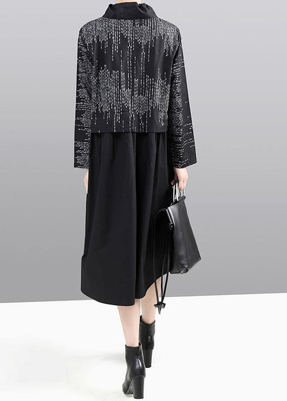 Modern False Two Pieces Cotton Patchwork Quilting Dresses Shirts Gray Prints Dress