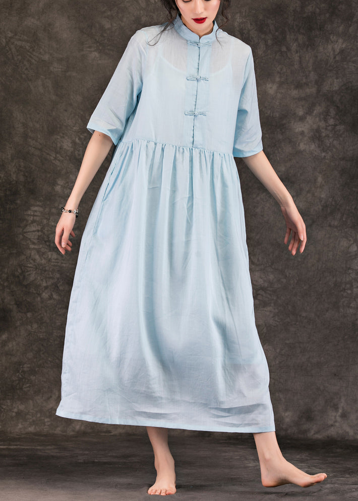 Modern Gray Blue Linen Dress Organic Runway Stand Collar Pockets Loose Summer Dress