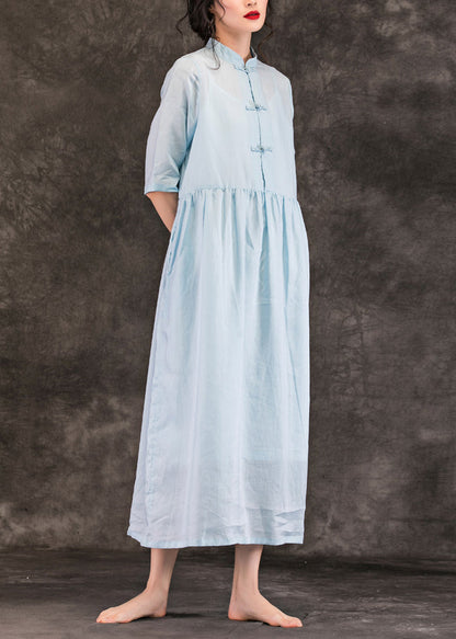 Modern Gray Blue Linen Dress Organic Runway Stand Collar Pockets Loose Summer Dress