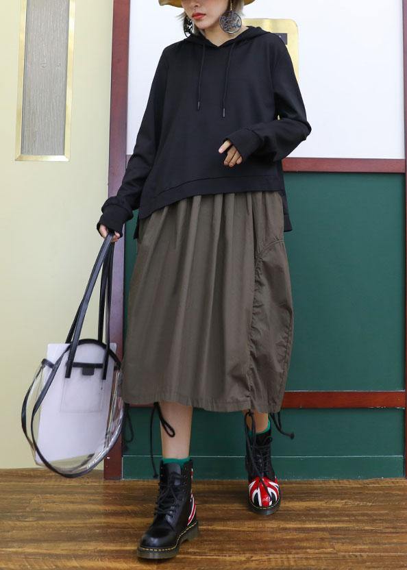 Modern Gray Green Patchwork Cotton Clothes False Two Pieces Loose Hooded Dress