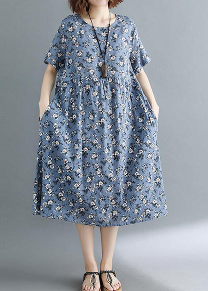 Modern Gray Print Tunic Dress O Neck Pockets Baggy Summer Dress