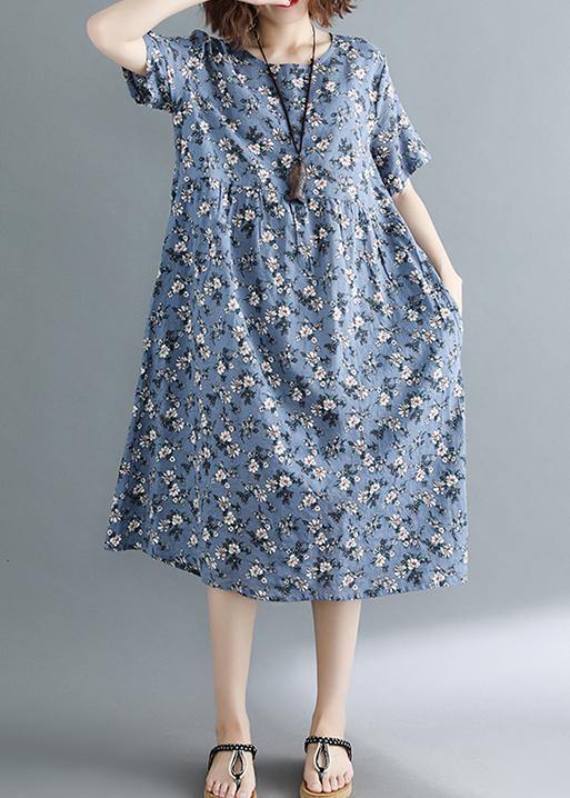 Modern Gray Print Tunic Dress O Neck Pockets Baggy Summer Dress