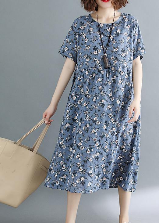 Modern Gray Print Tunic Dress O Neck Pockets Baggy Summer Dress