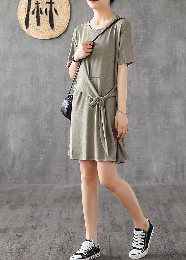 Modern Green Cotton Clothes for O Neck Bow Art Summer Dress