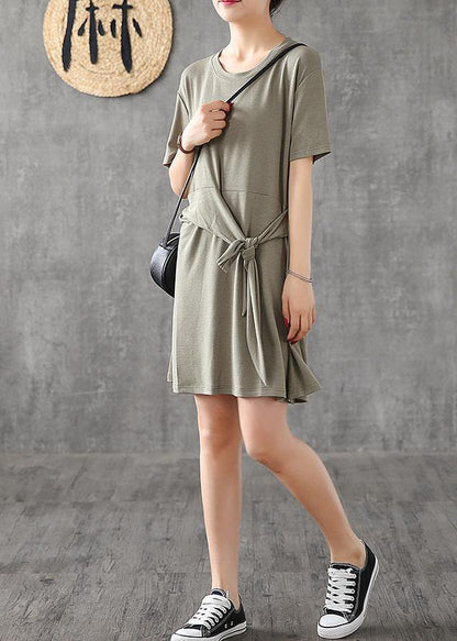 Modern Green Cotton Clothes for O Neck Bow Art Summer Dress