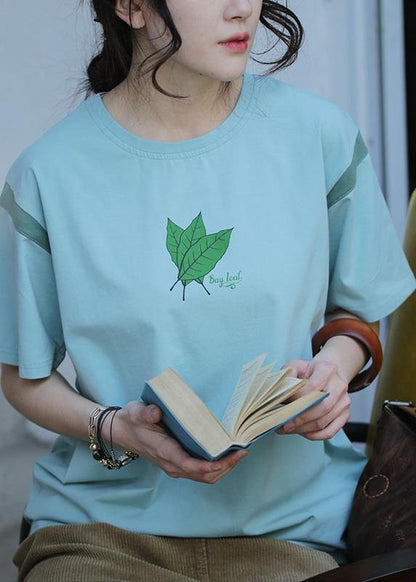 Modern Green Print Cotton Blouses for O Neck Midi Summer Blouses