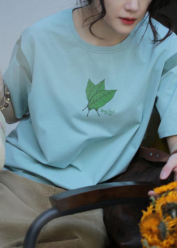Modern Green Print Cotton Blouses for O Neck Midi Summer Blouses