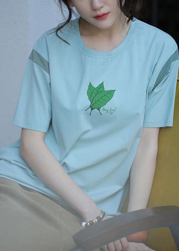 Modern Green Print Cotton Blouses for O Neck Midi Summer Blouses