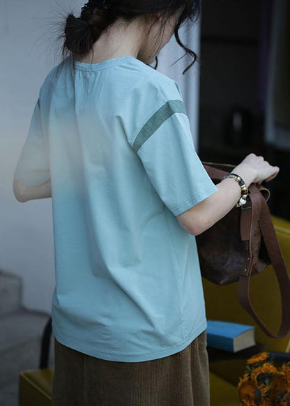 Modern Green Print Cotton Blouses for O Neck Midi Summer Blouses