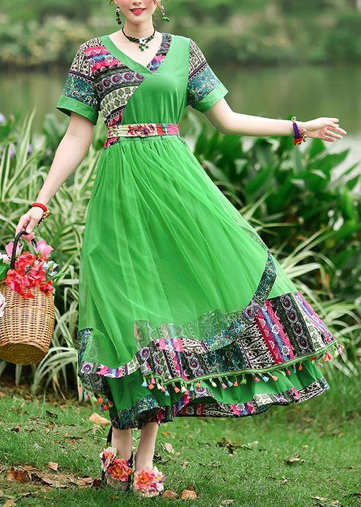 Modern Green Print Tunics for V Neck Patchwork Tulle Summer Dress