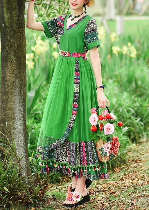 Modern Green Print Tunics for V Neck Patchwork Tulle Summer Dress