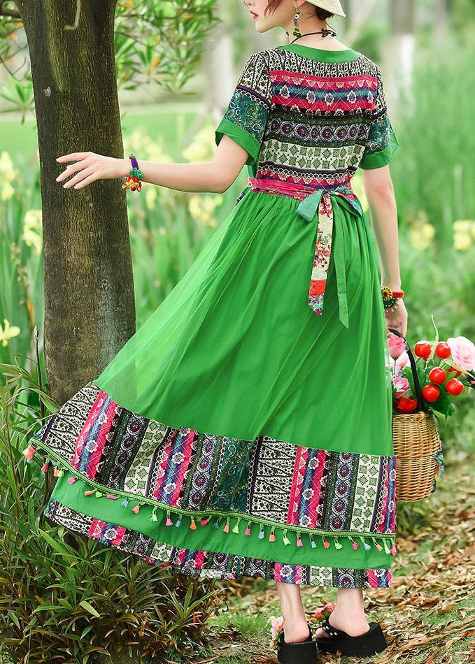 Modern Green Print Tunics for V Neck Patchwork Tulle Summer Dress