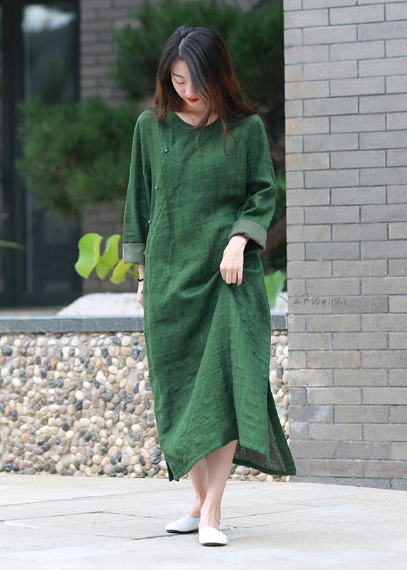Modern Green Quilting Clothes O Neck Side Open Maxi Dresses