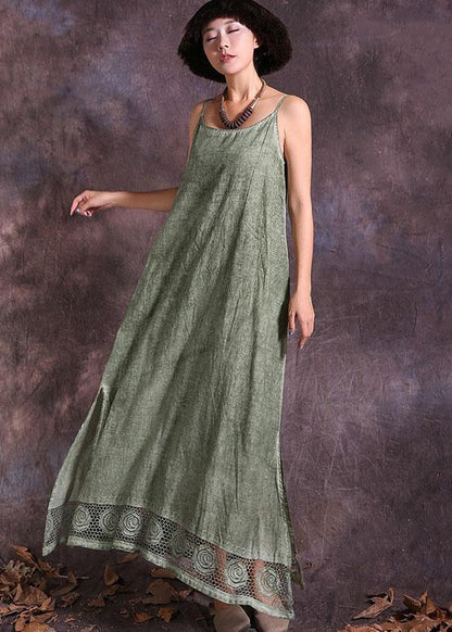 Modern Green Sleeveless Linen Robes Side Open Loose Summer Dress