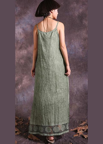 Modern Green Sleeveless Linen Robes Side Open Loose Summer Dress