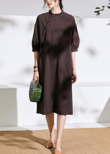 Modern Half Sleeve Linen Ruffles Stand Colalr Dress Cotton Brown Dress