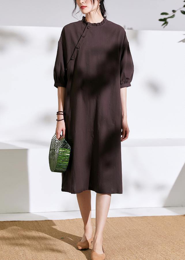 Modern Half Sleeve Linen Ruffles Stand Colalr Dress Cotton Brown Dress