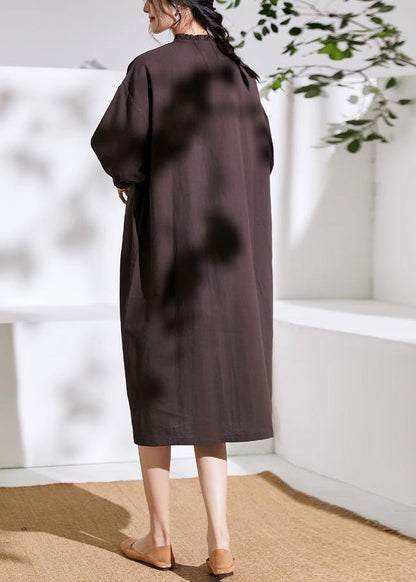 Modern Half Sleeve Linen Ruffles Stand Colalr Dress Cotton Brown Dress