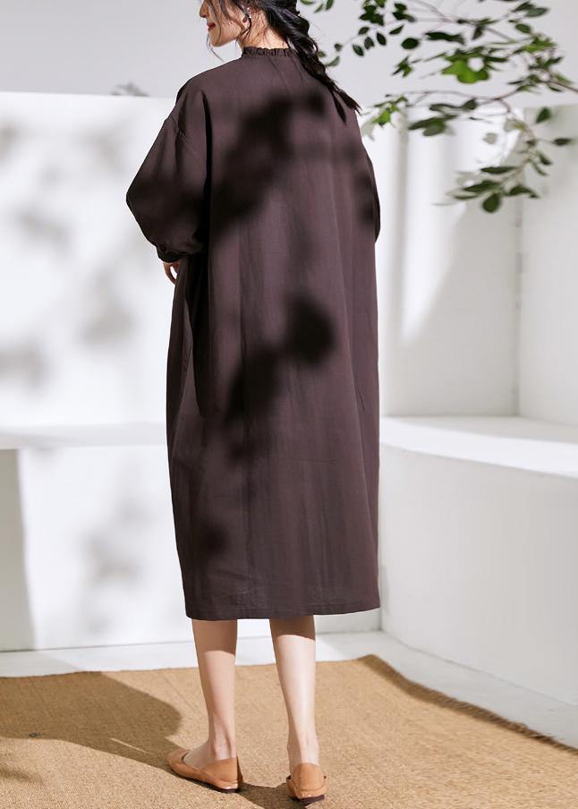 Modern Half Sleeve Linen Ruffles Stand Colalr Dress Cotton Brown Dress
