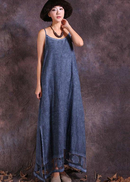 Modern Hollow Out Hem Linen Clothes for Ideas Blue Side Open Dress Summer